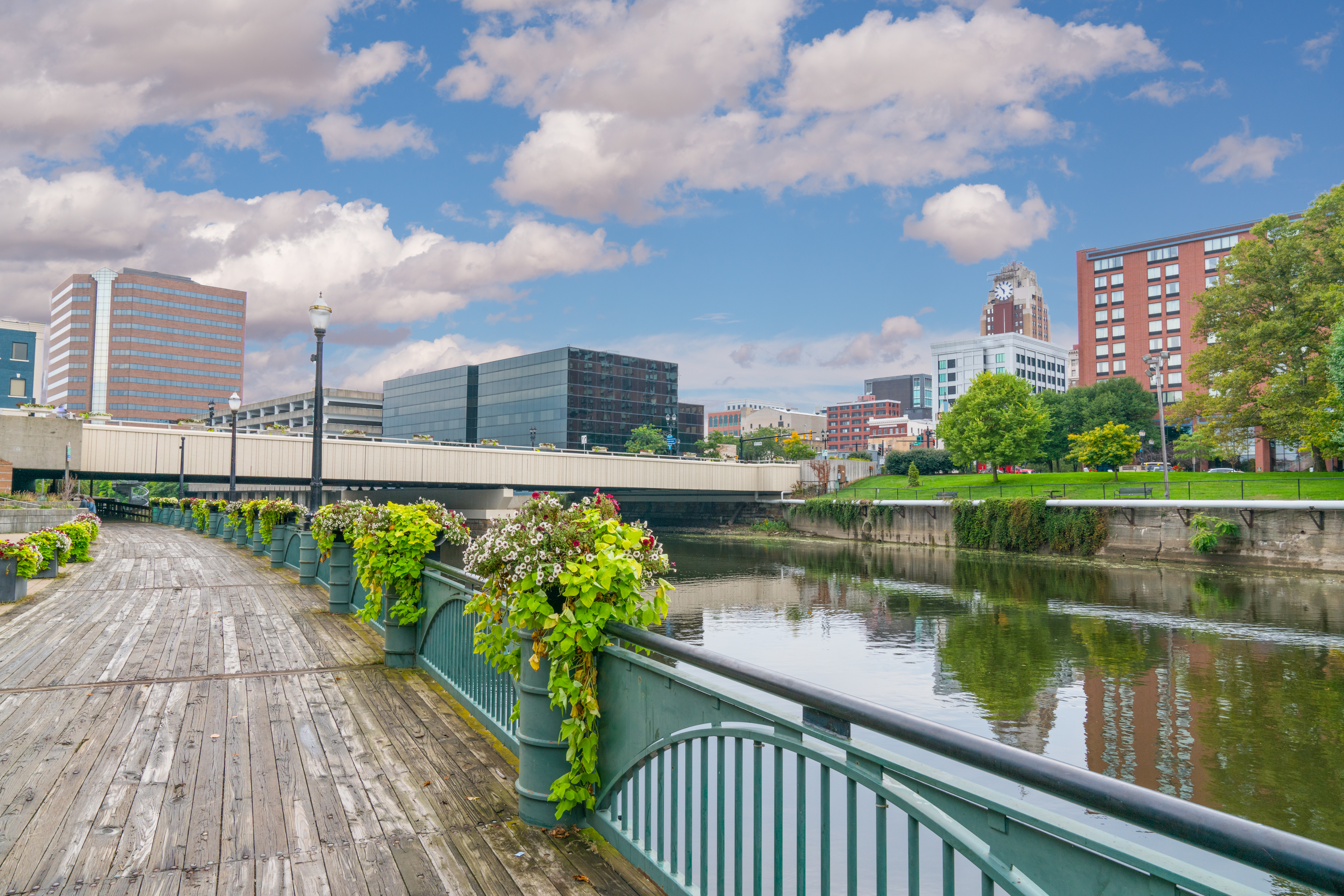 City skyline of Lansing, Michigan along the Grand River Lansing MI